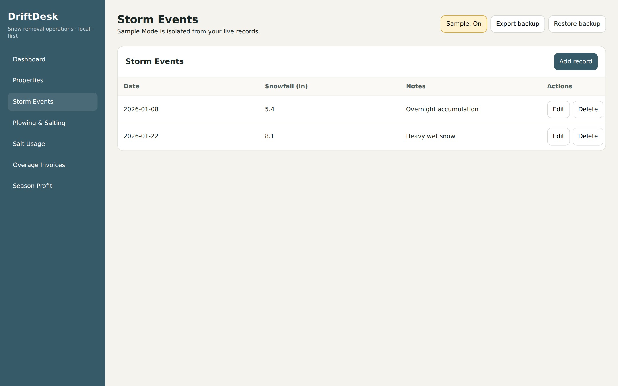 DriftDesk Storm Events sample-data interface