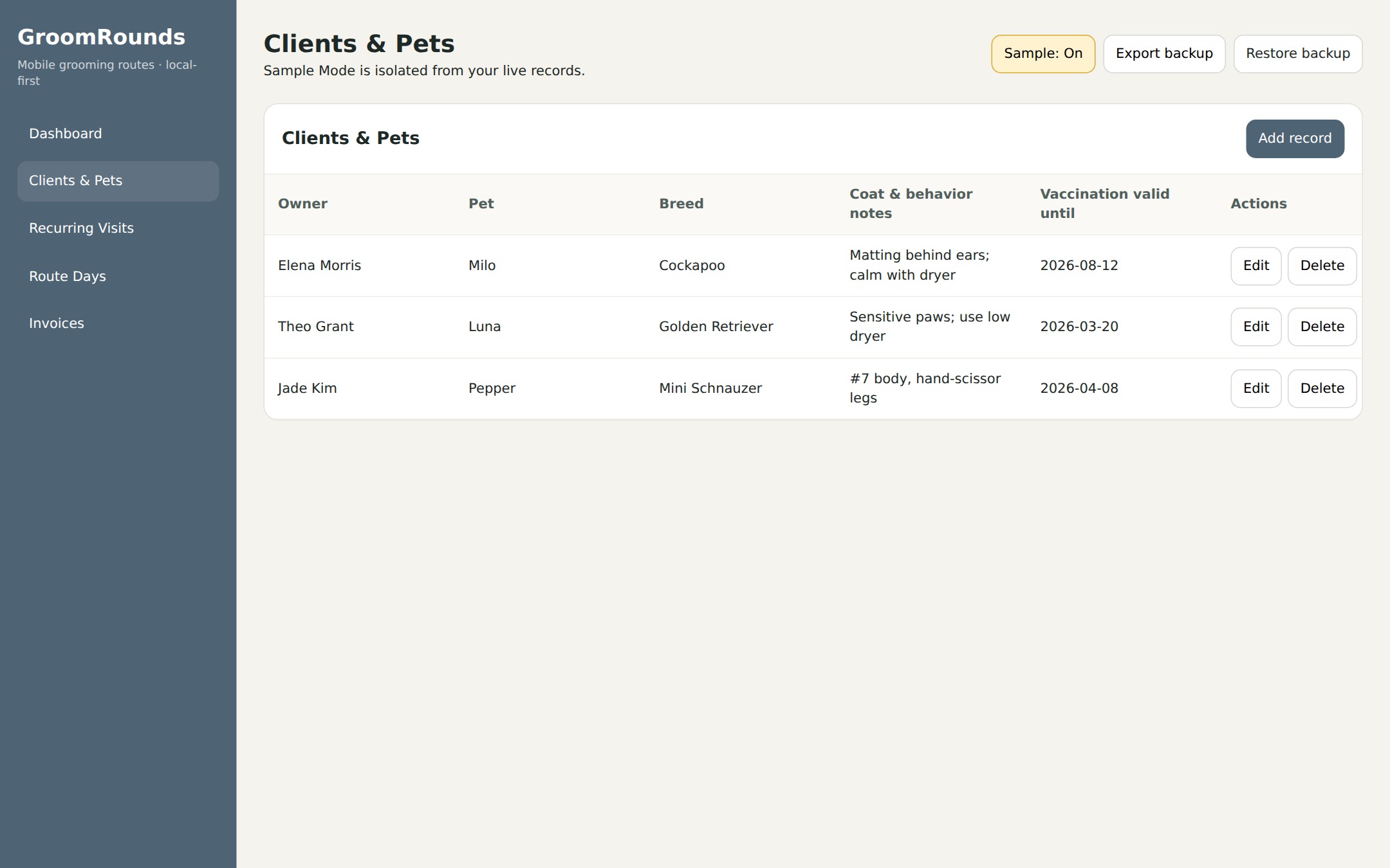 GroomRounds Clients & Pets sample-data interface