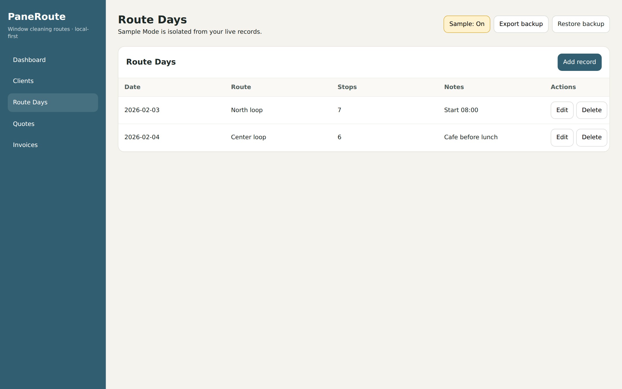 PaneRoute Route Days sample-data interface