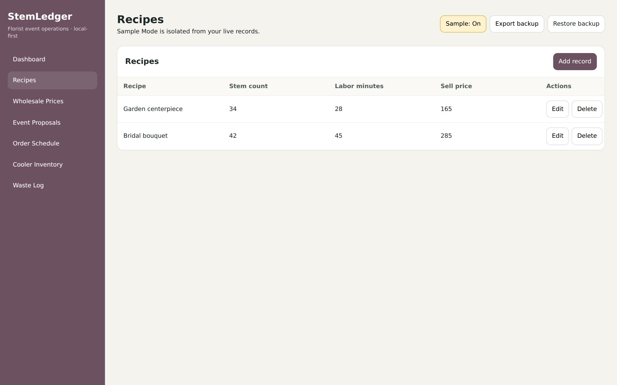 StemLedger Recipe library sample-data interface